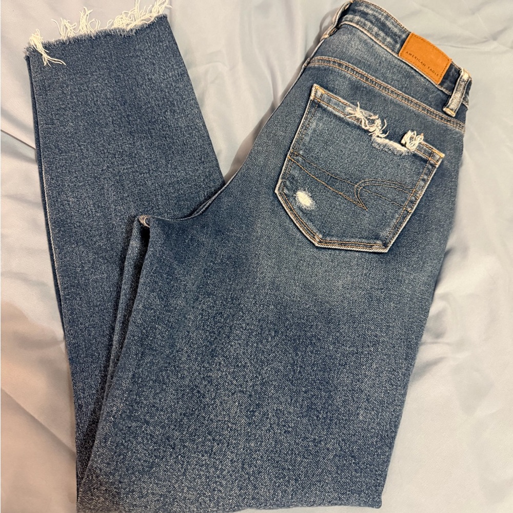 American Eagle Outfitters Distressed Blue Straight Leg Mom Jeans